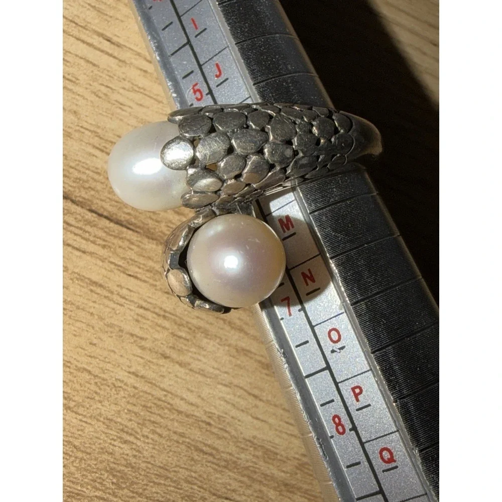 Sterling Silver Snake‎ Skin Texture Crossover Band Pearl Ring Size 6
